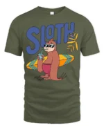 Funny Sloth Surfing Graphic Tee Chill Beach Vibes Tshirt - military green t-shirt on white background