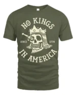 No Kings In America Skull Graphic Tee Patriotic Vintage Tshirt - military green t-shirt on white background