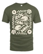 Ride The Wave Graphic Tee Retro Beach Surf Style Tshirt - military green t-shirt on white background