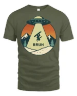 Funny UFO Snowboard Bruh Graphic Tee Retro Mountain Tshirt - military green t-shirt on white background