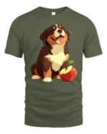 Cute Happy Puppy With Apple Graphic Tee Funny Dog Tshirt - military green t-shirt on white background