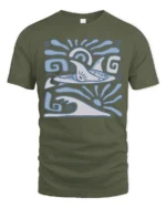 Retro Dolphin Wave Graphic Tee Ocean Tribal Style Tshirt - military green t-shirt on white background