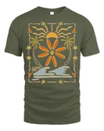 Aloha Surfboard Sun Graphic Tee Tropical Beach Vibes Tshirt - military green t-shirt on white background