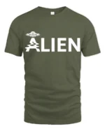 Minimal Alien UFO Graphic Tee Funny Sci Fi Humor Tshirt - military green t-shirt on white background