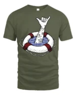 Shaka Hand Lifebuoy Graphic Tee Beach Vibes Funny Tshirt - military green t-shirt on white background