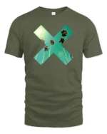 Tropical Palm X Graphic Tee Retro Summer Sunset Vibes Tshirt - military green t-shirt on white background