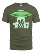 Funny UFO Abduction Cow Graphic Tee Alien Humor Farm Tshirt - military green t-shirt on white background