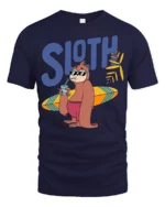 Funny Sloth Surfing Graphic Tee Chill Beach Vibes Tshirt - navy t-shirt on white background