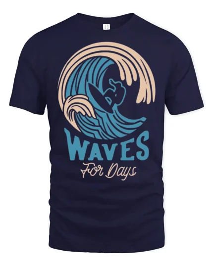 Waves For Days Surf Graphic Tee Retro Ocean Rider Tshirt - navy t-shirt on white background