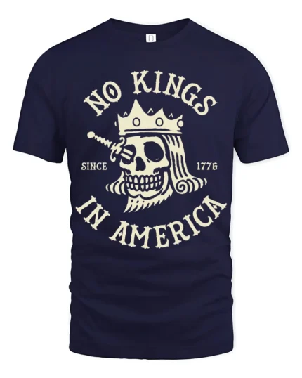 No Kings In America Skull Graphic Tee Patriotic Vintage Tshirt - navy t-shirt on white background