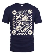 Ride The Wave Graphic Tee Retro Beach Surf Style Tshirt - navy t-shirt on white background