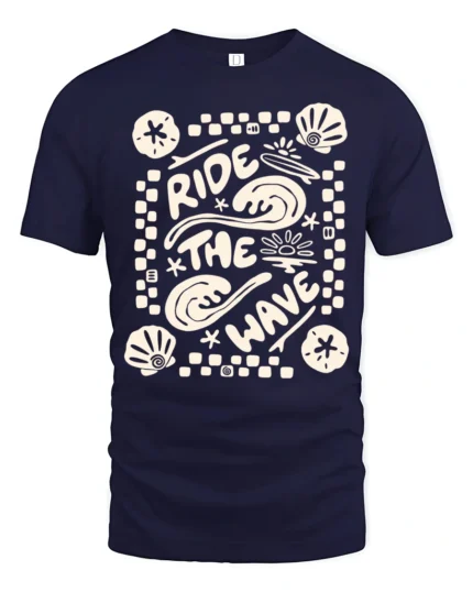 Ride The Wave Graphic Tee Retro Beach Surf Style Tshirt - navy t-shirt on white background