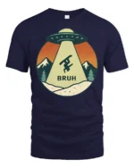 Funny UFO Snowboard Bruh Graphic Tee Retro Mountain Tshirt - navy t-shirt on white background