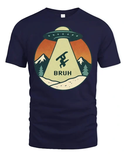Funny UFO Snowboard Bruh Graphic Tee Retro Mountain Tshirt - navy t-shirt on white background