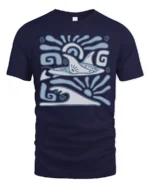 Retro Dolphin Wave Graphic Tee Ocean Tribal Style Tshirt - navy t-shirt on white background