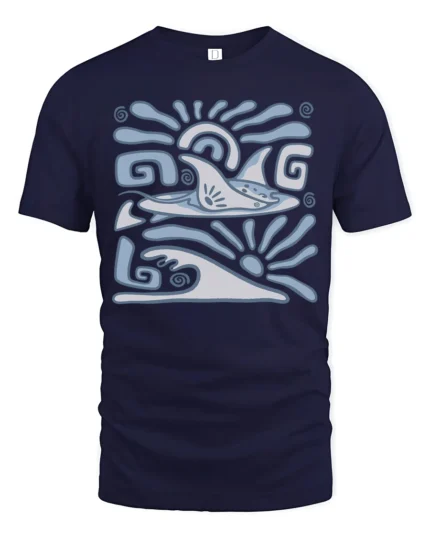 Retro Dolphin Wave Graphic Tee Ocean Tribal Style Tshirt - navy t-shirt on white background
