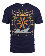 Aloha Surfboard Sun Graphic Tee Tropical Beach Vibes Tshirt - navy t-shirt on white background