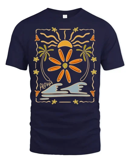 Aloha Surfboard Sun Graphic Tee Tropical Beach Vibes Tshirt - navy t-shirt on white background