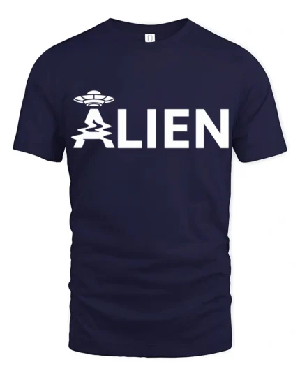 Minimal Alien UFO Graphic Tee Funny Sci Fi Humor Tshirt - navy t-shirt on white background