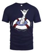 Shaka Hand Lifebuoy Graphic Tee Beach Vibes Funny Tshirt - navy t-shirt on white background
