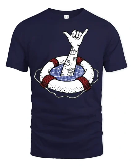 Shaka Hand Lifebuoy Graphic Tee Beach Vibes Funny Tshirt - navy t-shirt on white background