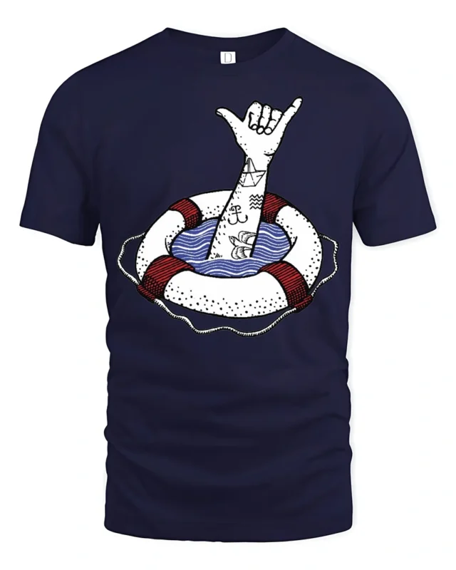 Shaka Hand Lifebuoy Graphic Tee Beach Vibes Funny Tshirt - navy t-shirt on white background