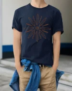 Tribal Sun Symbol Graphic Tee Spiritual Energy Vintage Style - model wearing navy tee with hands in pockets