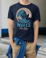 Waves For Days Surf Graphic Tee Retro Ocean Rider Tshirt - model wearing navy tee with hands in pockets