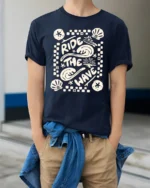Ride The Wave Graphic Tee Retro Beach Surf Style Tshirt - model wearing navy tee with hands in pockets