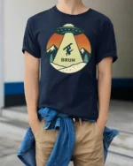 Funny UFO Snowboard Bruh Graphic Tee Retro Mountain Tshirt - model wearing navy tee with hands in pockets