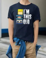Im This Old Retro Cassette Floppy Disk Graphic Tee Tshirt - model wearing navy tee with hands in pockets