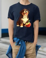 Cute Happy Puppy With Apple Graphic Tee Funny Dog Tshirt - model wearing navy tee with hands in pockets