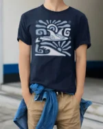 Retro Dolphin Wave Graphic Tee Ocean Tribal Style Tshirt - model wearing navy tee with hands in pockets