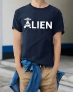 Minimal Alien UFO Graphic Tee Funny Sci Fi Humor Tshirt - model wearing navy tee with hands in pockets
