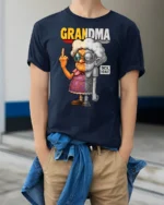 Funny Angry Grandma Graphic Tshirt Sarcastic Humor Tee - model wearing navy tee with hands in pockets