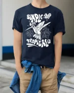 Simple Life Tropical Hummingbird Graphic Tee Freedom Vibes - model wearing navy tee with hands in pockets