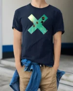 Tropical Palm X Graphic Tee Retro Summer Sunset Vibes Tshirt - model wearing navy tee with hands in pockets