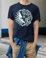 Retro Surfer Sun Graphic Tee Ocean Wave Vintage Style Tshirt - model wearing navy tee with hands in pockets