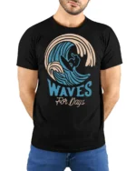 Waves For Days Surf Graphic Tee Retro Ocean Rider Tshirt - model wearing black tee with hands behind back
