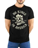 No Kings In America Skull Graphic Tee Patriotic Vintage Tshirt - model wearing black tee with hands behind back