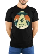 Funny UFO Snowboard Bruh Graphic Tee Retro Mountain Tshirt - model wearing black tee with hands behind back