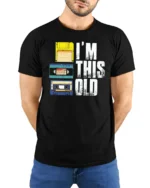 Im This Old Retro Cassette Floppy Disk Graphic Tee Tshirt - model wearing black tee with hands behind back