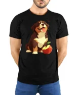 Cute Happy Puppy With Apple Graphic Tee Funny Dog Tshirt - model wearing black tee with hands behind back