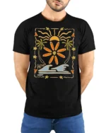 Aloha Surfboard Sun Graphic Tee Tropical Beach Vibes Tshirt - model wearing black tee with hands behind back