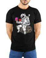 Funny Astronaut Ice Cream Graphic Tee Space Humor Art Tshirt - model wearing black tee with hands behind back