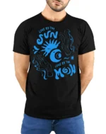 Live By The Sun Love By The Moon Graphic Tee Cosmic Tshirt - model wearing black tee with hands behind back
