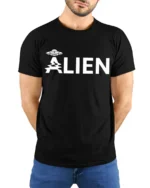 Minimal Alien UFO Graphic Tee Funny Sci Fi Humor Tshirt - model wearing black tee with hands behind back