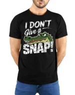 Funny I Dont Give A Snap Crocodile Graphic Humor Tshirt Tee - model wearing black tee with hands behind back