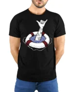 Shaka Hand Lifebuoy Graphic Tee Beach Vibes Funny Tshirt - model wearing black tee with hands behind back