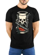 Times Running Out Skull Hourglass Graphic Tee Gothic Tshirt - model wearing black tee with hands behind back